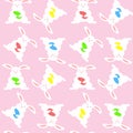 Simple pattern on a pink background with easter bunny and colorful eggs